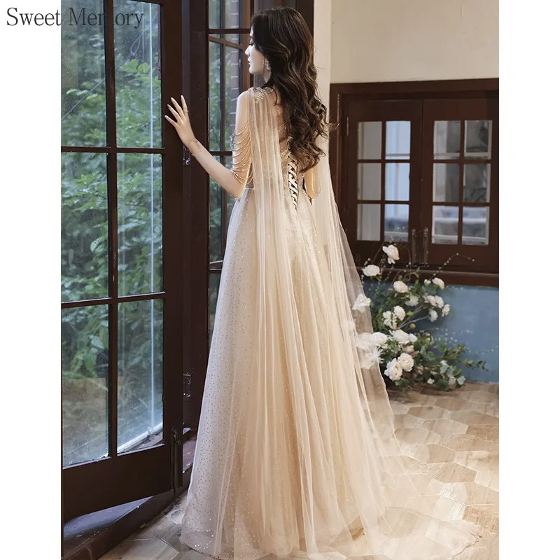 

S149 Sweet Memory Beads Eleagnt Long Evening Dress Floor Length Dress Lady Lace Up Back Fashion Style Mesh Tulle Party Gown