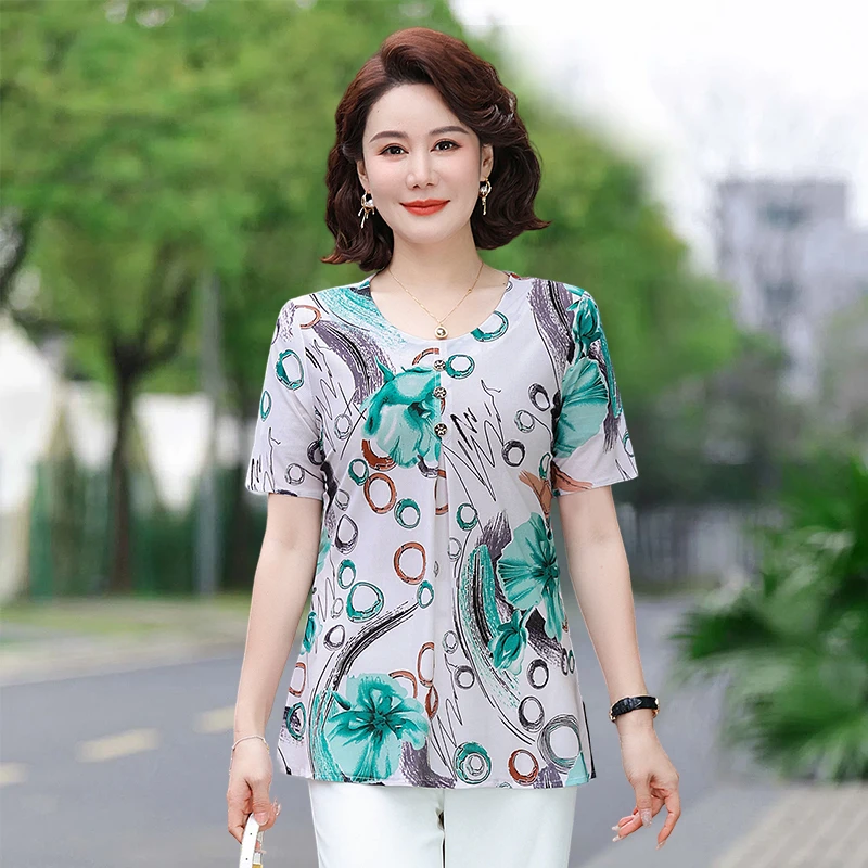 Ropa femenina ajustada a la moda elegante, camisetas holgadas informales que combinan con todo, blusa de manga corta con cuello redondo estampada