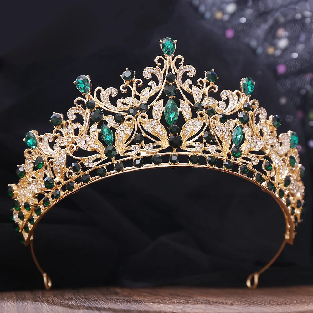 Green Crystal Crown Gold Color Tiaras and Crowns for Women Accessories Rhinestone Hair Jewelry Party  Headpiece Bridesmaids Gift