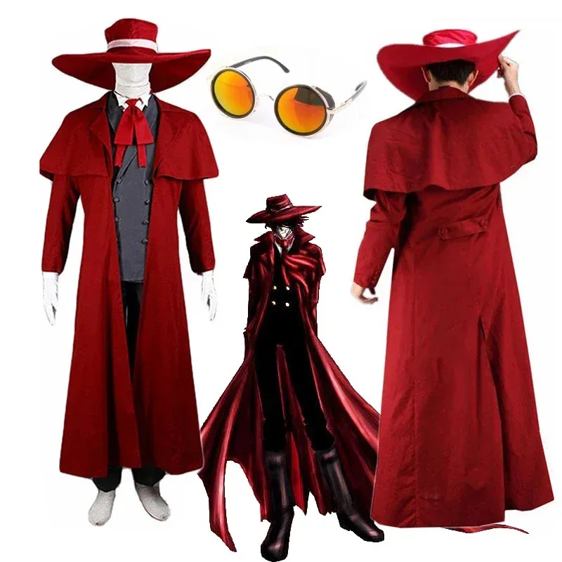 Anime hellsing alucard cosplay trajes vermelho longo casaco chapéu luvas acessórios conjuntos uniformes das mulheres dos homens roupas para o dia das bruxas yi;4