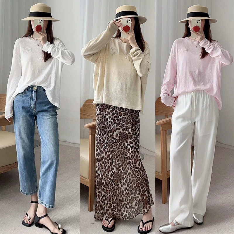 

Легкий солнцезащитный вязаный свитер свободного покроя Haax Linen n Sle Long Sve круглый топ в цветах футболки