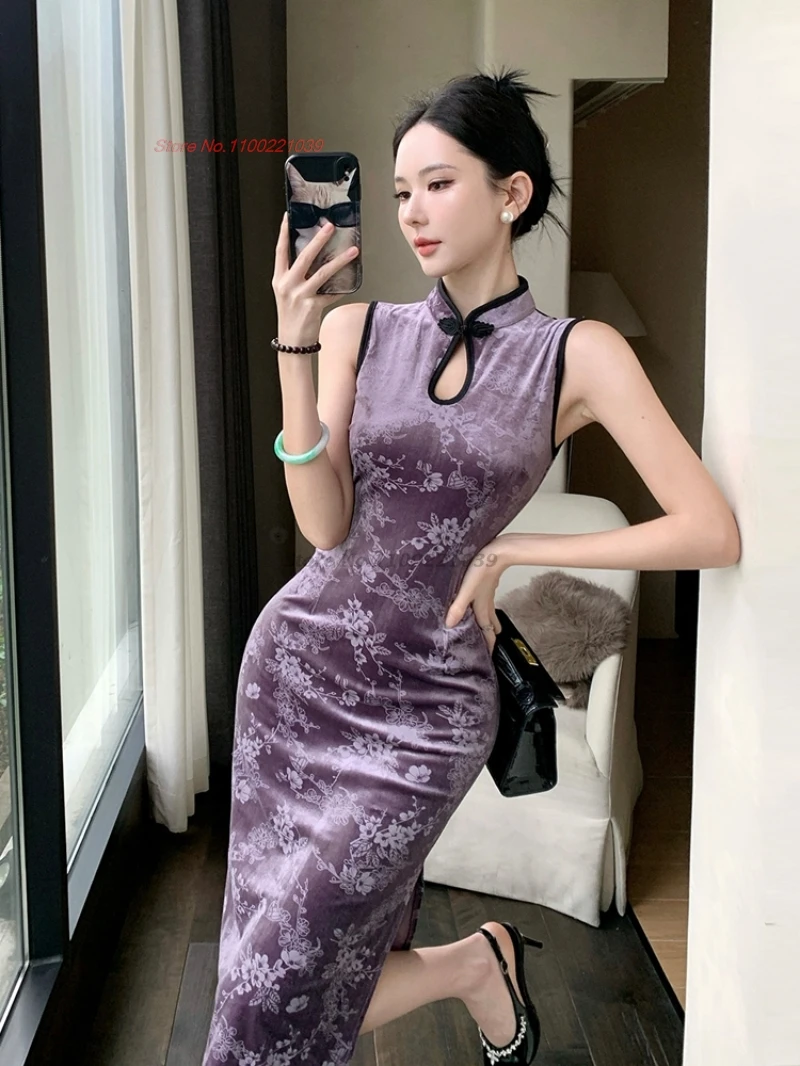 

2026 китайское сексуальное платье с цветочным принтом, бархатное Ципао, вечернее платье в стиле ретро, китайское традиционное сексуальное платье Cheongsam для ночного клуба