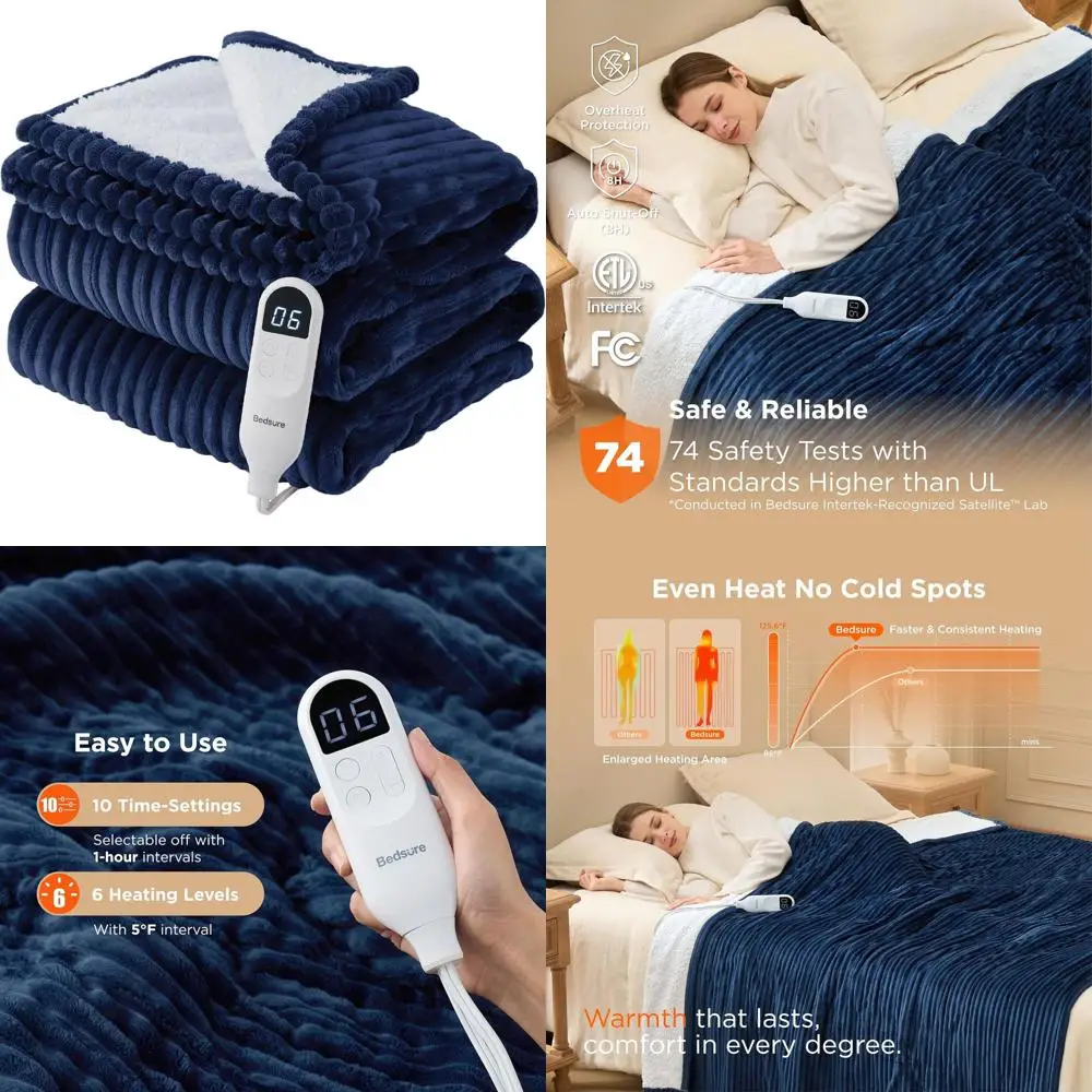 

Полноразмерное электрическое одеяло с 6 уровнями нагрева, 10 вариантами таймера и автоматическим выключением в течение 8 часов — мягкая фланель, идеальный подарок для бабушки (72x