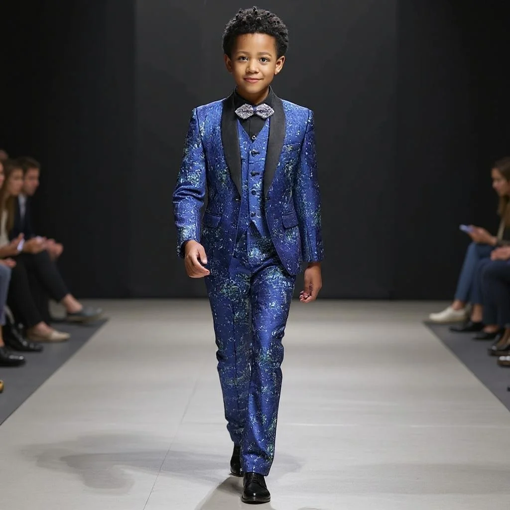 

British Style Floral Boy's Suit Set for 3-16 Years Old 3 Pieces Blue Kids Wedding Tuxedo for Piano Performance Birthday Party