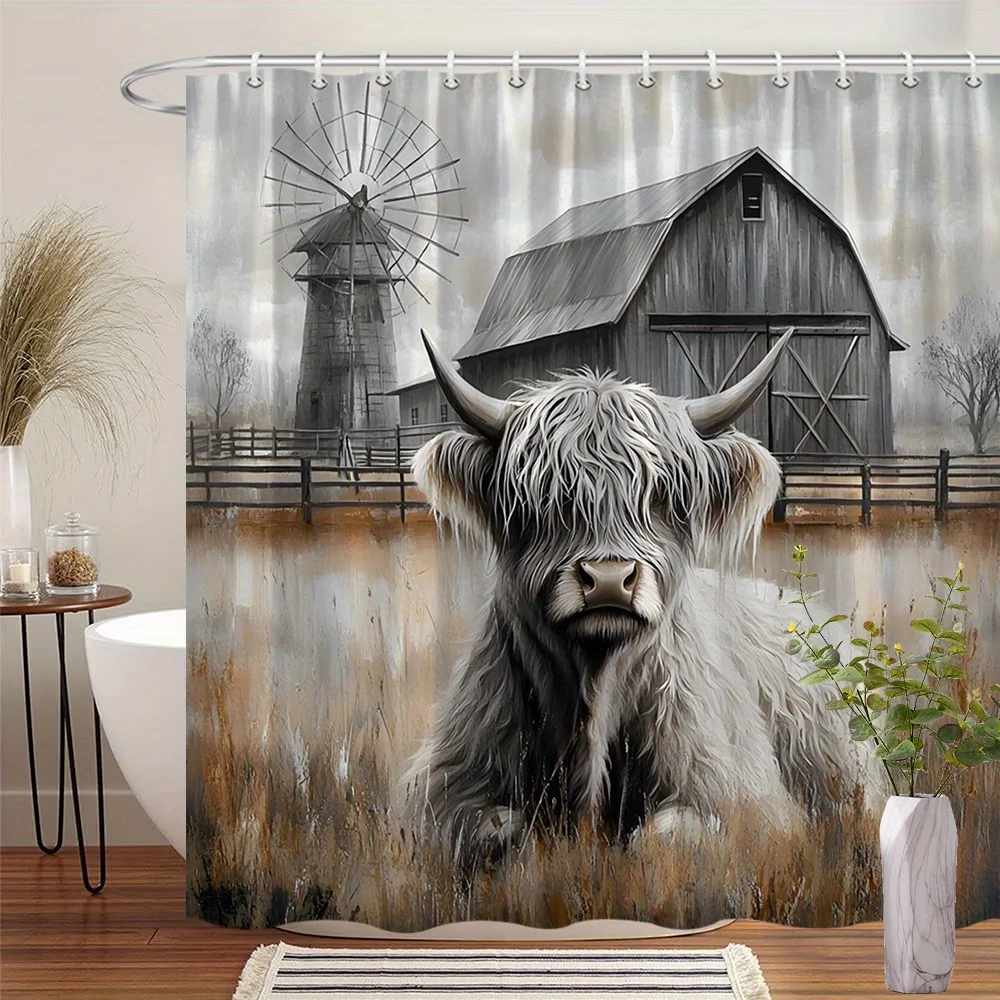 

1 шт., занавеска для душа с рисунком коровы на фермерском доме, полиэфирная ткань, можно стирать в машине, подходит для украшения ванной комнаты