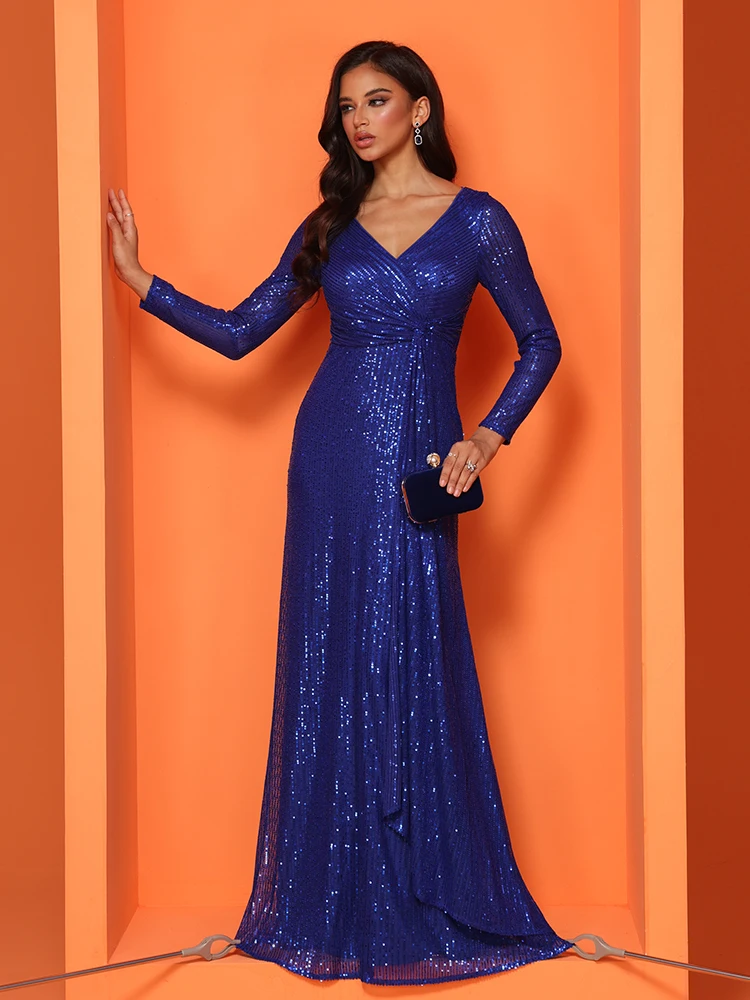 XUIBOL Elegant Blue Evening Dress For Women 2024 Luxury Long Sleeve Mermaid Formal Sequins V-neck Prom Wedding Party Gowns