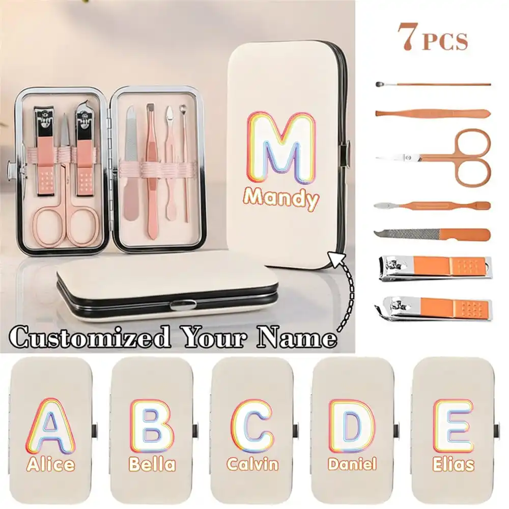 Customized Name 7pcs Nail Clipper Kit with Case Manicure Set Durable PU Personal Manicure Care Rainbow Letter Pattern Ideal Gift