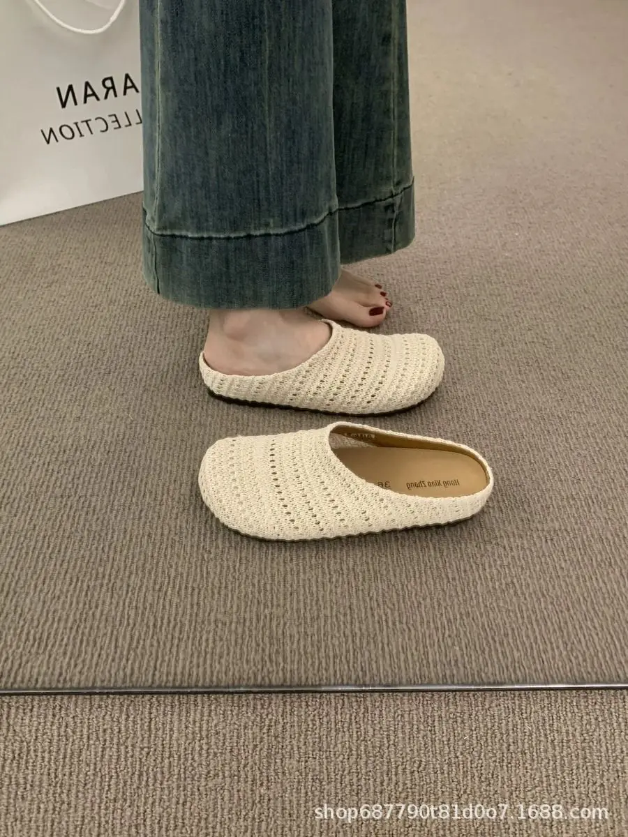 Handgewebte, dicke, offene Zehenschuhe im koreanischen Stil, flache, rutschfeste Pantoffeln für Damen, flache Sandalen – Detail 3