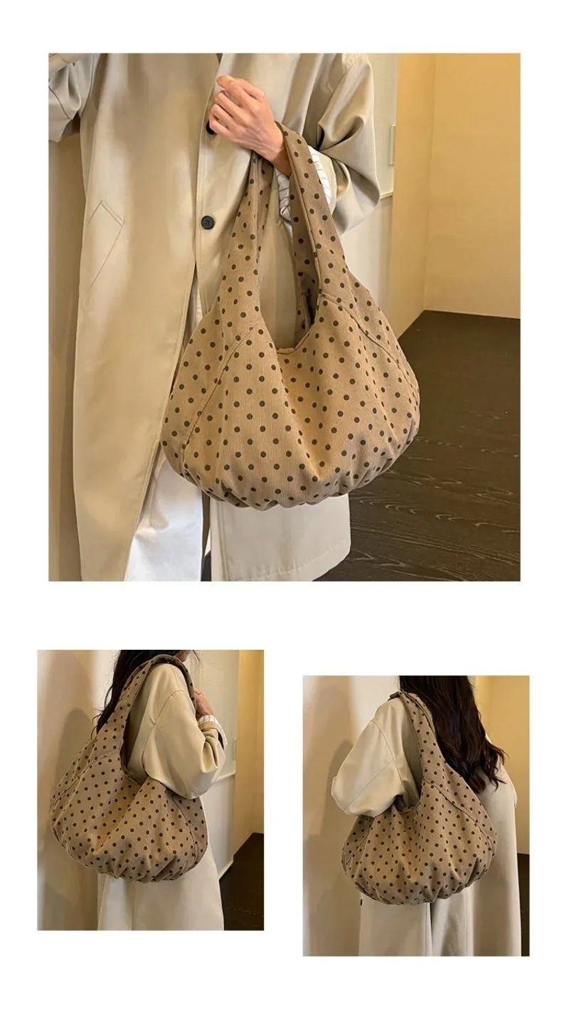 CEEKAY Canvas-Tasche mit Polka-Dot-Muster, Hobo-Stil, breiter Träger, geraffte Falten, vielseitig einsetzbar, für den täglichen Gebrauch, Freizeit, große Kapazität, Damenhandtasche. – Detail 21