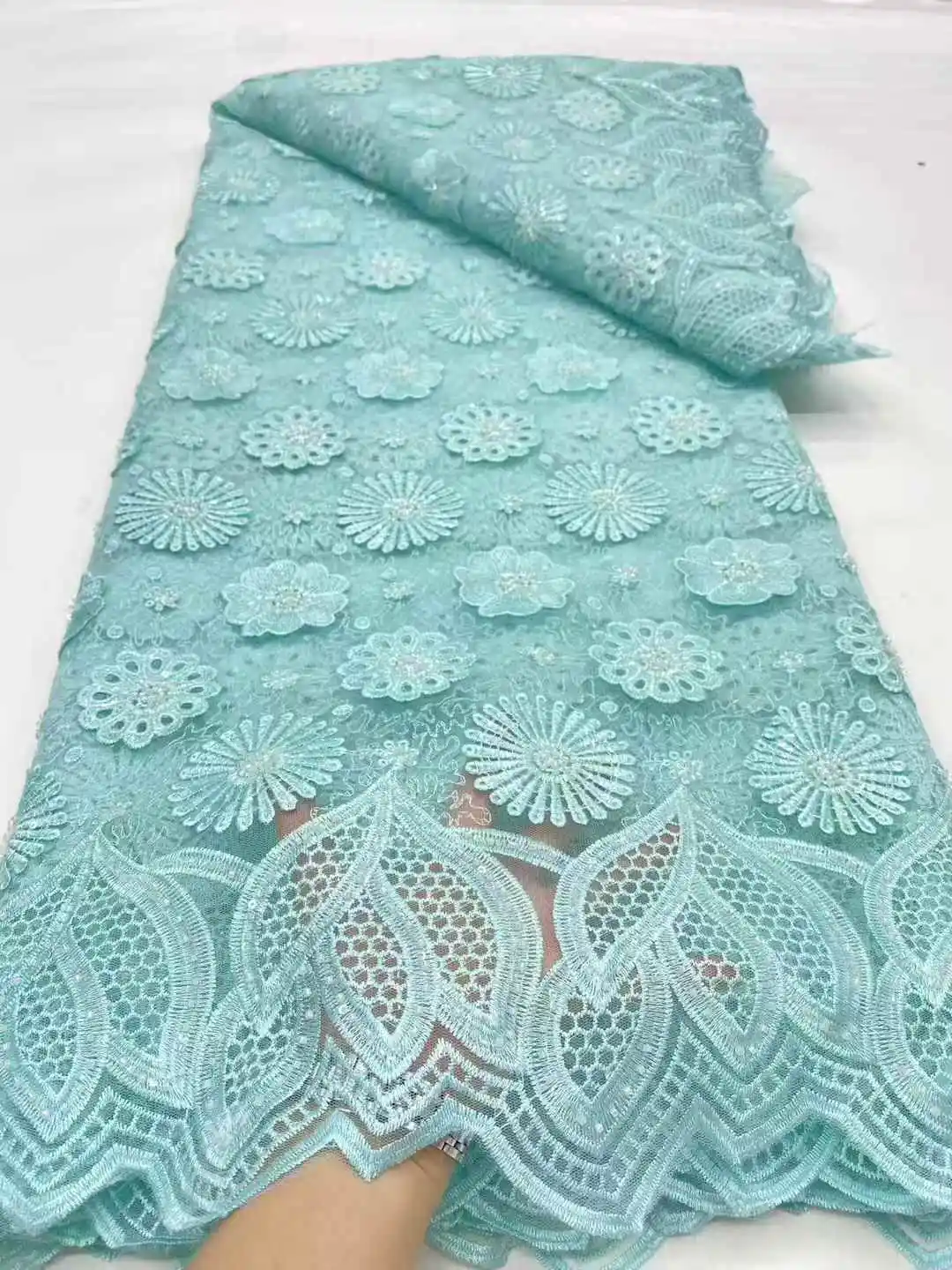 3D Flowers In Blue French Lace Fabric 2025 High Quality Lace Net African Lace Fabric With Sequins Beaded Lace Fabric For Wedding