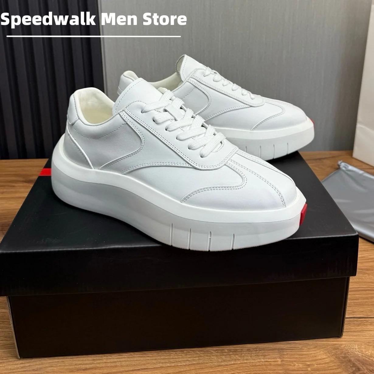Men Genuine Leather Platform Sneakers Luxury Thick Sole Elevated Walking Shoes Casual Business Skate Shoes Non Slip Black White