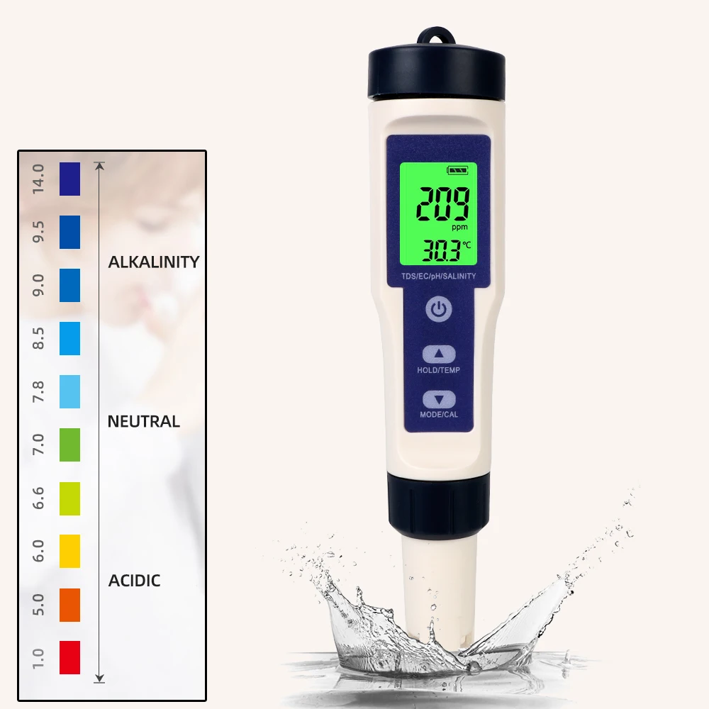 Water Quality Detector 5 in 1 PH/TDS/EC/SALT/TEMP Temperature Hydrogen-rich Meter Purity Measure Tool