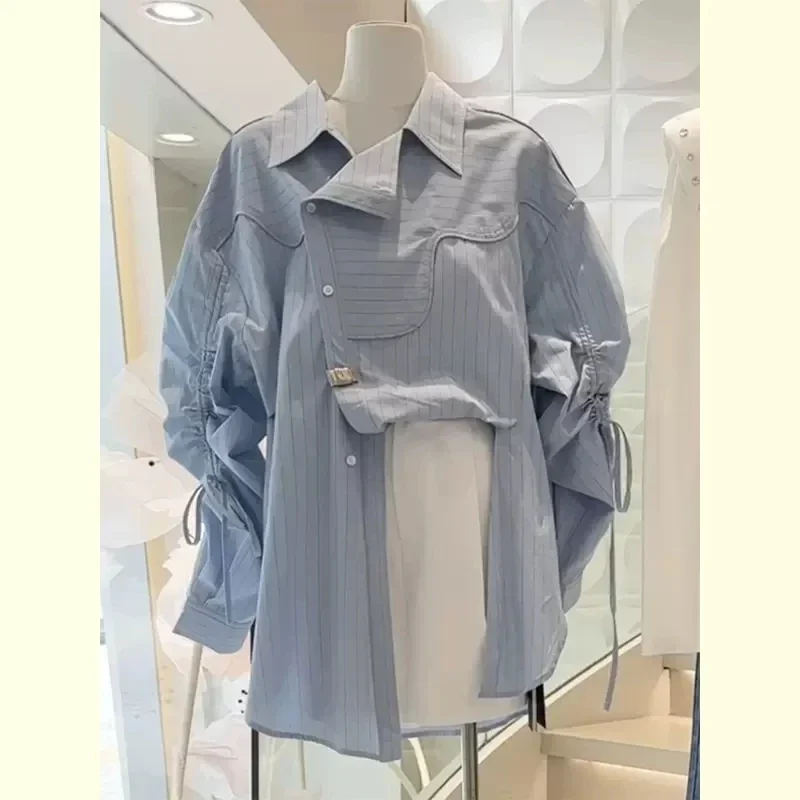 SuperAen Irregular Striped Drawstring Shirt for Women Summer New Design Korean Style Loose Shirts Tops