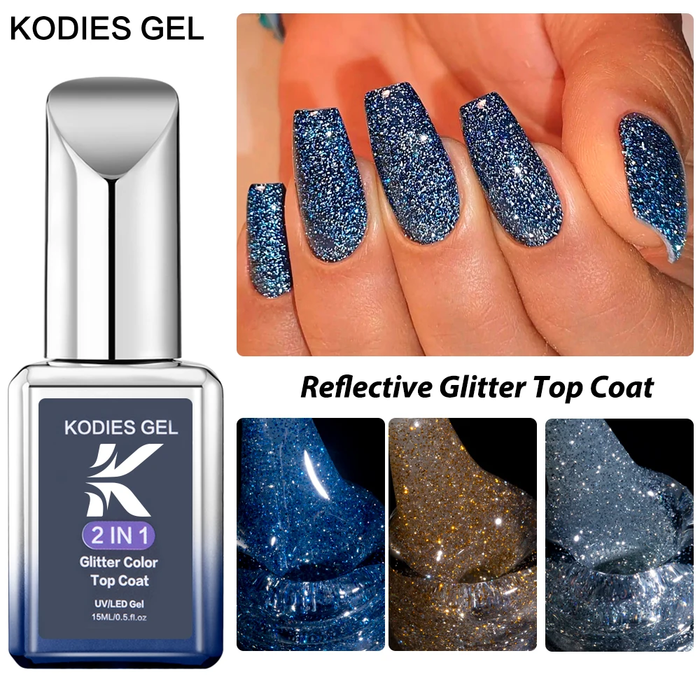 KODIES เจลเจลสะท้อนแสงเล็บ Top Coat ไม่มีเช็ด2 IN1 15ML กึ่งถาวร UV/LED Sparkle super Shine เคลือบสำหรับเล็บ Art