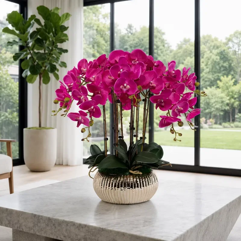 63cm Artificial Phalaenopsis Orchid in Luxury Vase Modern PU Fake Flower Potted Plant Home Office Desk Decoration Gift Modern
