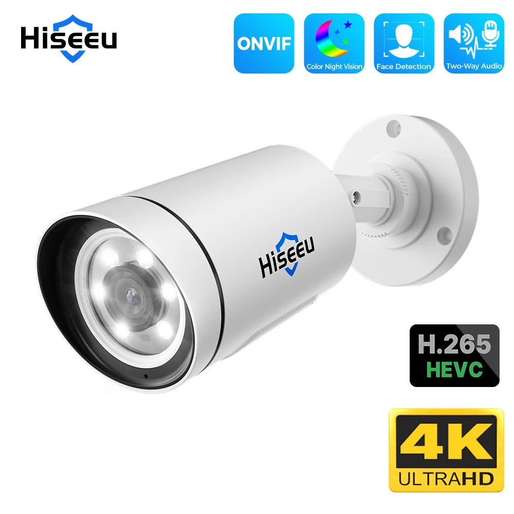 Hiseeu-Câmera IP Outdoor Security POE, Bala ONVIF, Áudio Bidirecional, Detecção Humana, Cor, Visão Noturna, Câmeras de Vigilância, 4K, 8MP