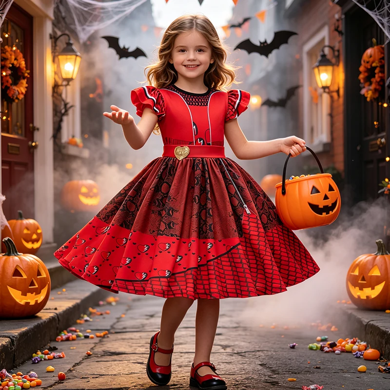 Girls The Rise of Red Costume Dress Kids Flutter Sleeve Punk Rock Party Dress Halloween Carnival Birthday Cosplay Outfit