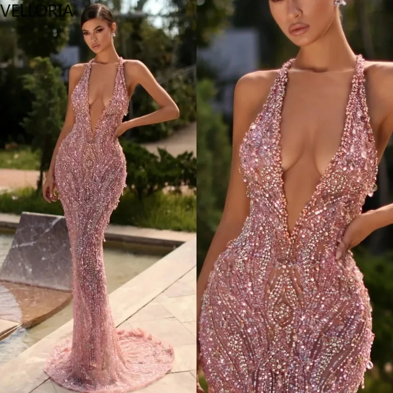 

Luxury Halter Sequined Evening Dresses Sexy Sleeveless Beaded Mermaid Prom Dress Customized Floor Length Pearls Party Gown