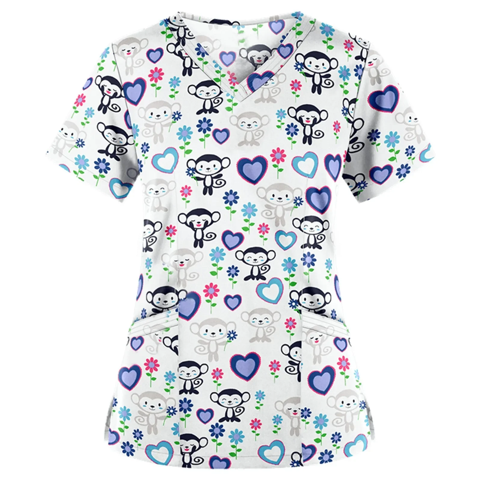 Рабочая женская униформа с животным принтом, мультяшный кот, собака, топ с короткими рукавами и v-образным вырезом, женская блузка, рабочая одежда для медсестры, медицинская хирургическая форма