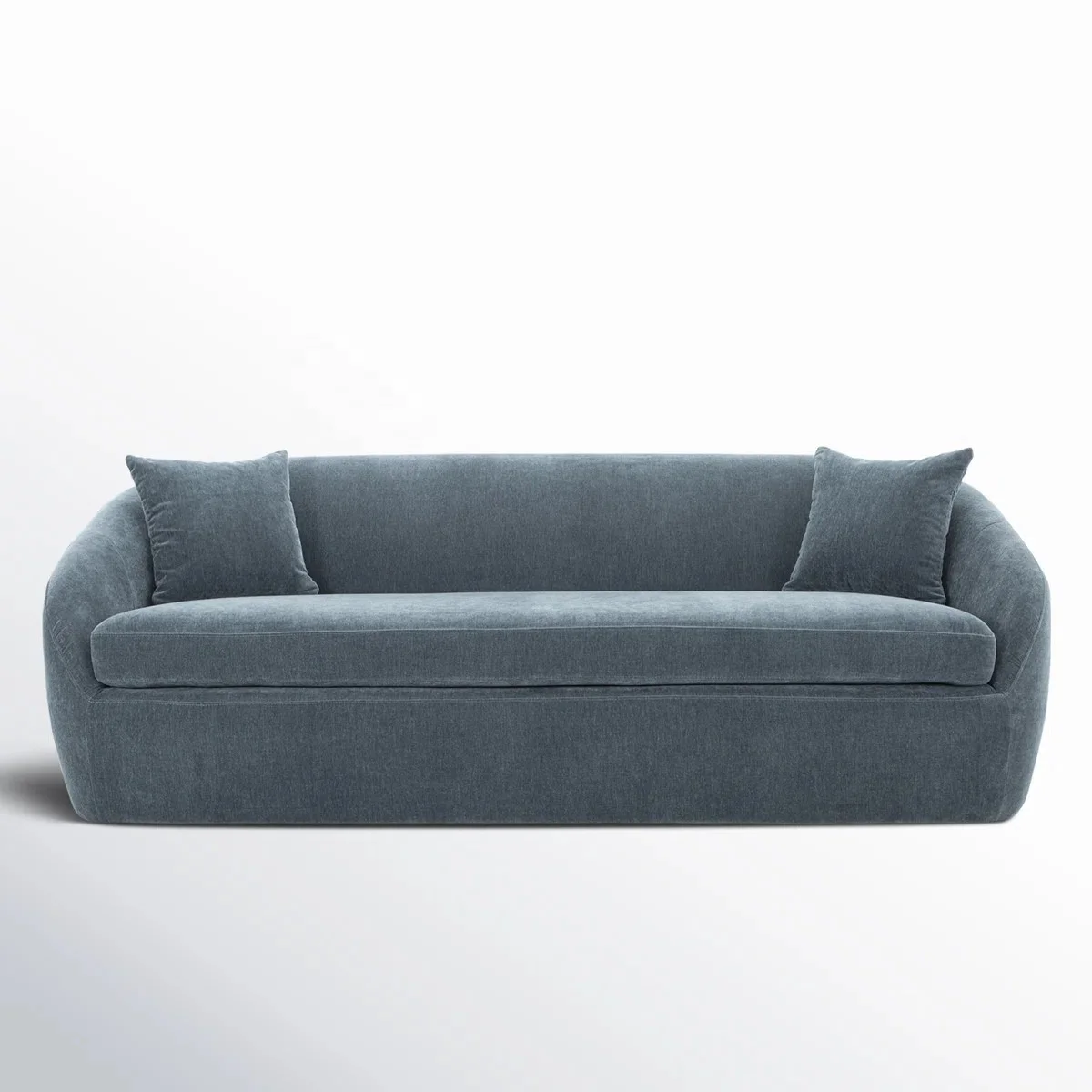 #Modern Minimalist Blue Curved Enveloped Sofa Plush Velvet Fabric Upholstered Couch with Matching Throw Pillows for Living Room