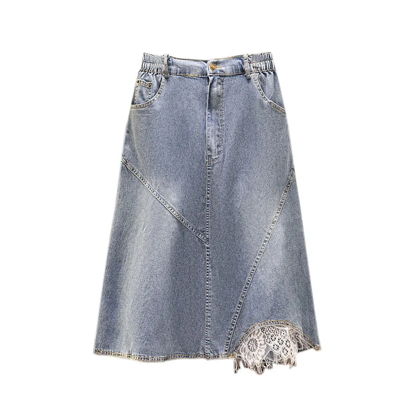 150Kg Plus Size Women\'s Summer High Waist Slim Loose Mid Length Lace A-line Denim Skirt Blue Hip 145cm 6XL 7XL 8XL 9XL