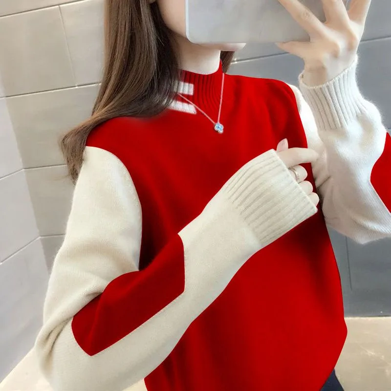 Autumn and Winter Fashion Trend Colored Half High Neck Loose Versatile Slim and Fashionable Women\'s Knitted Long Sleeve Sweater