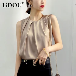 Summer New Fashion Elegant Fashion Sleeveless Satin Shirt Ladies Round Neck Folds All-match Blouse Women Solid Color Tank Top