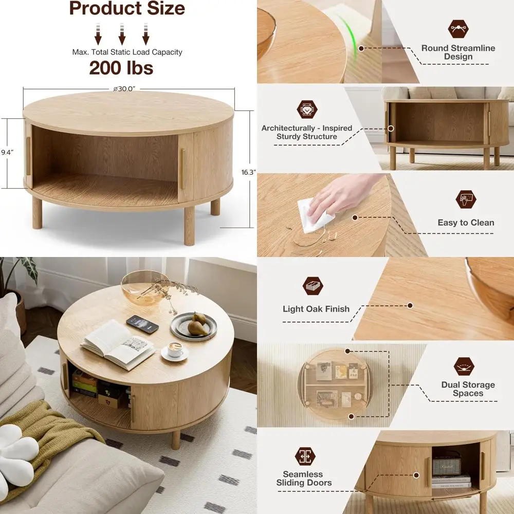 

Modern Round Coffee Table with Storage Cabinets & Sliding Doors for Small Living Spaces, 29.9 Natural Fluted Centerpiece