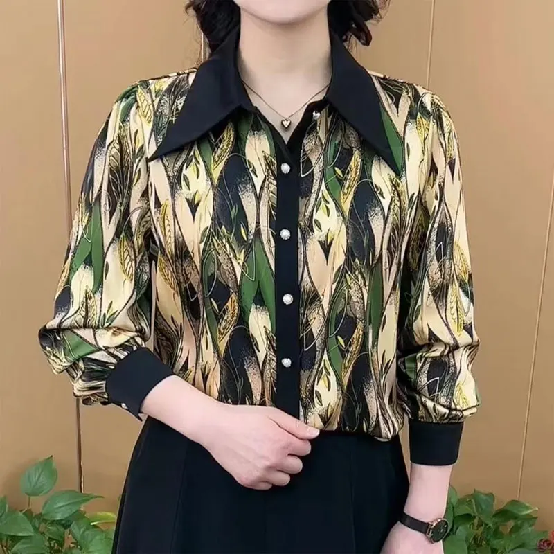 Female Clothing Vintage Printed Blouse Spring Autumn All-match Turn-down Collar Casual Straight Chic Pearl Single-breasted Shirt