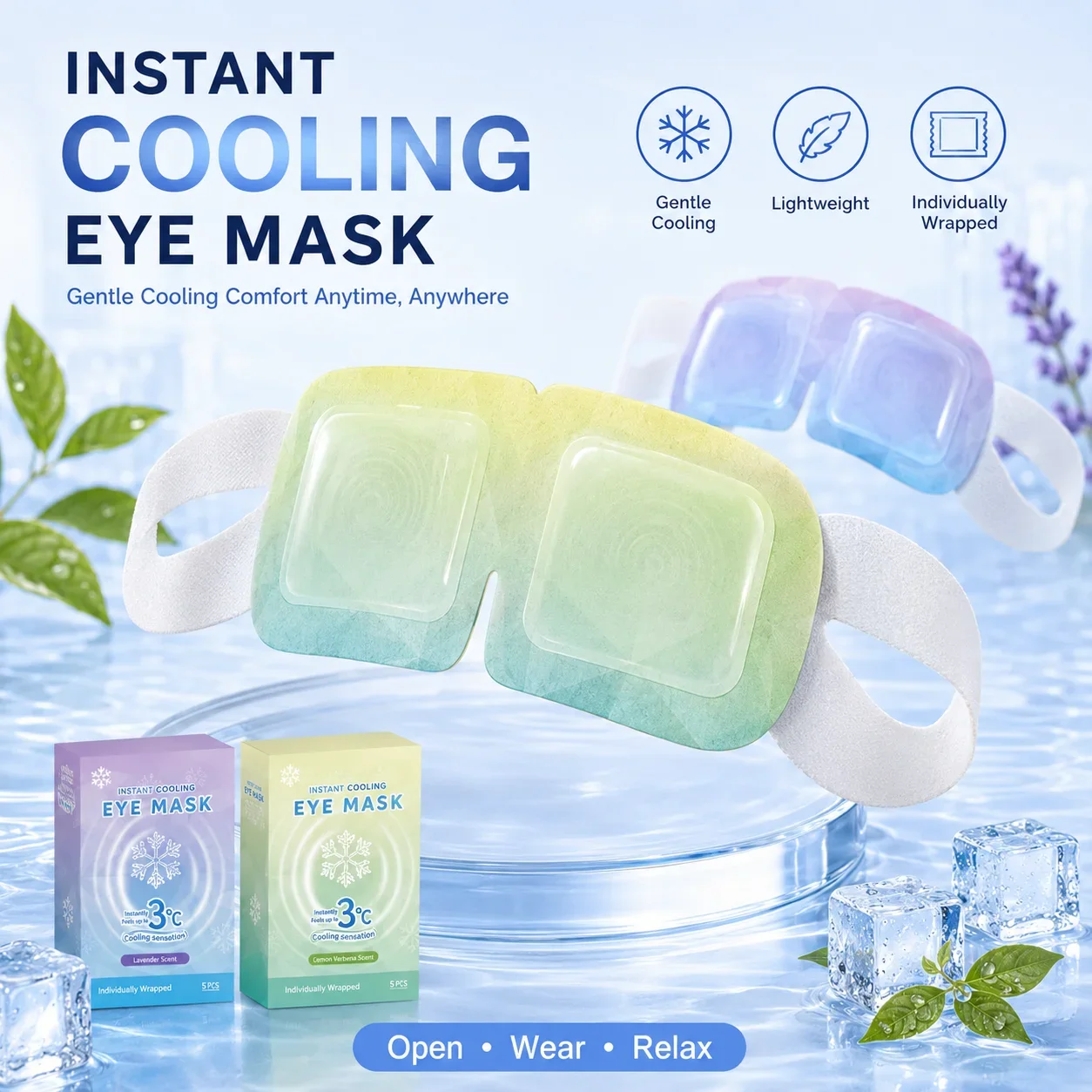 Cooling Hydrogel Eye Mask Cold Compress for Tired Eyes Lavender Lemon Verbena Lightweight Ear Loop Individually Wrapped 5PCS Set