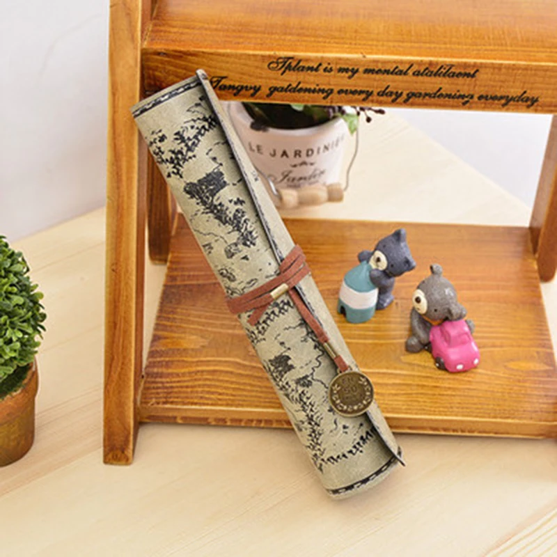 Treasure Map Leather PU Retro Boy Girl Pencil Bag Cosmetic Bag Roll Pen Bag For Student Gifts Stationery Brush Makeup Supplies