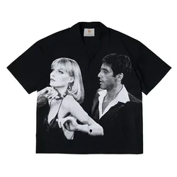 American retro Scarface movie themed portrait print elegant design sense trendy short-sleeved floral blouse y2k men clothing