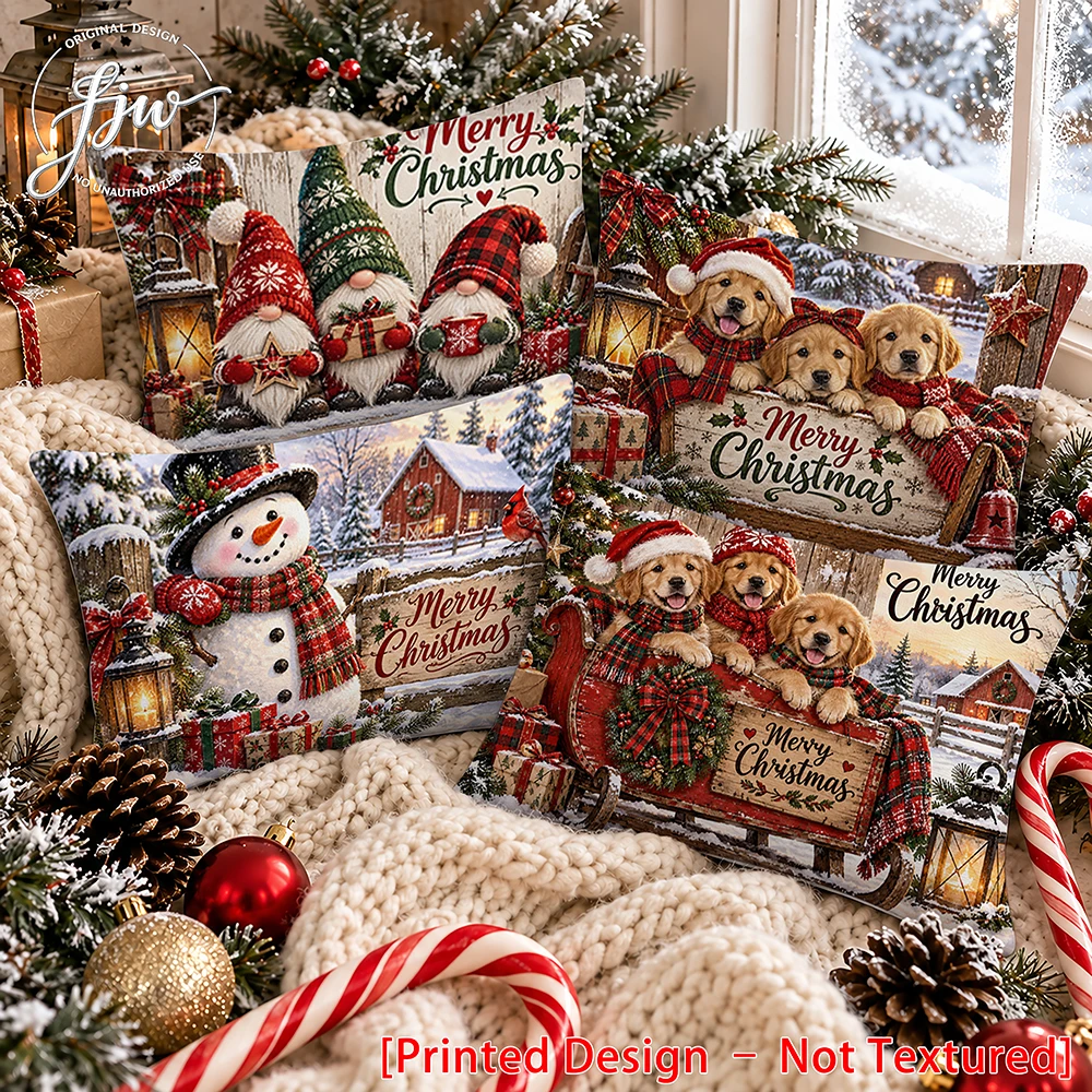 4pc Christmas Farmhouse Throw Pillow Covers, Retro Xmas Gnome Golden Retriever Snowman Decorative Cushion Cases for Sofa Couch