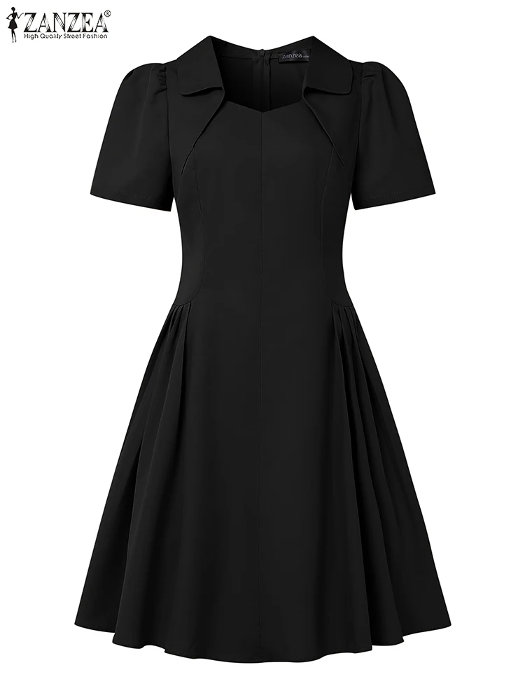 ZANZEA Fashion Chic Woman Knee-Length Dresses Elegant Turn-Down Collar Short Sleeve Waist-Gathered A-Line Robe OL Vestidos Mujer