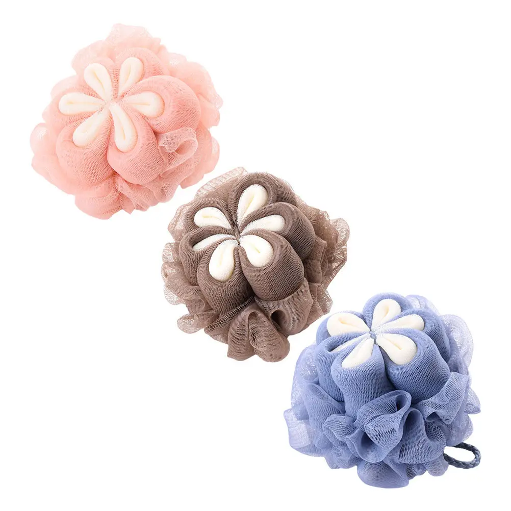 

3Pcs Bath Loofah Sponge Flower Design Random Color Soft Exfoliation Shower Puff Body Scrubber Bath Pouf Convenient Storage Balls