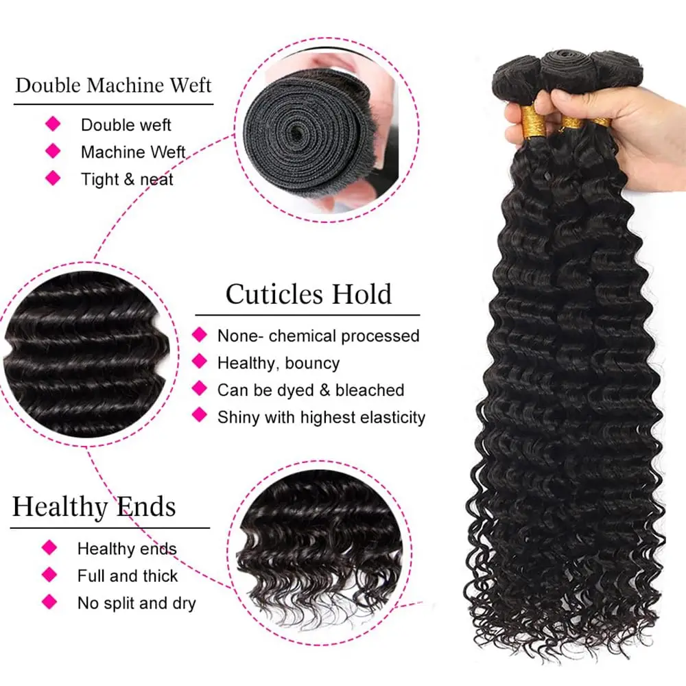 12A Deep Wave Human Hair Bundles 20 22 24 Inch Deep Curly Bundles Human Hair 100% Unprocessed Brazilian Virgin Weave 3 Bundles