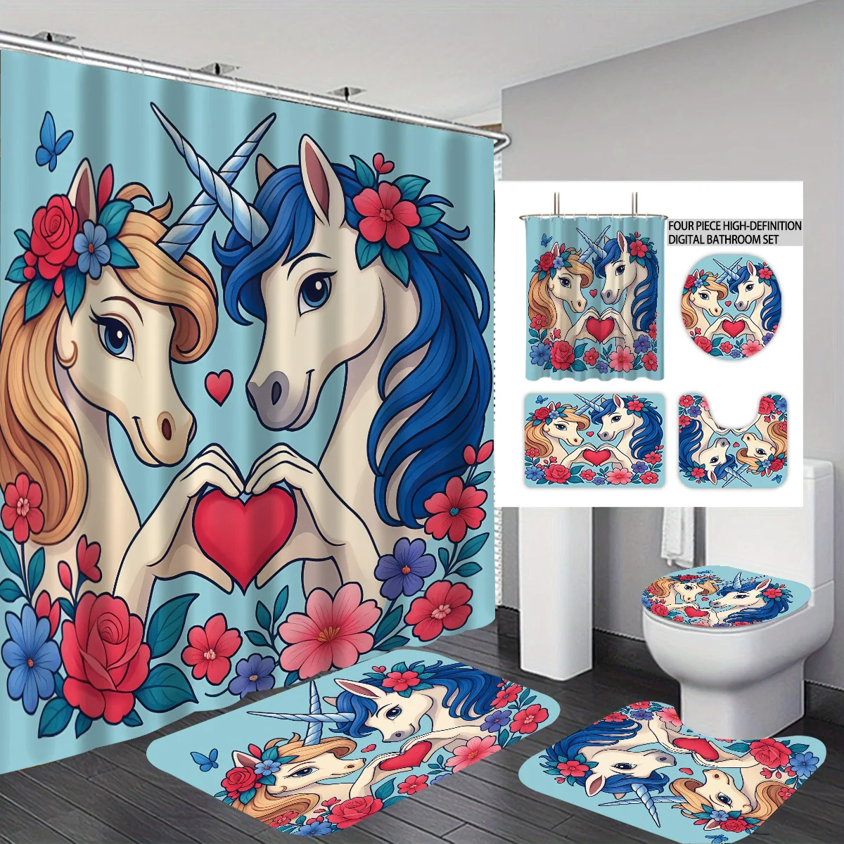 

1/3/4pcs Shower Curtain 3D Print Polyester Curtain for Bathroom Decor 4pcs Set Toilet Seat Cover Bathroom/U-shaped Floor Mat
