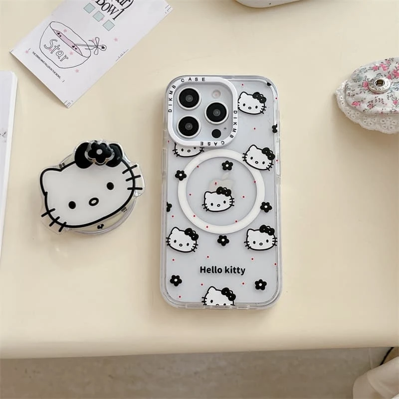 Cute Sanrio Hello Kitty Magnetic Grip Holder Magsafe Wireless Charge Phone Case For iPhone 17 16 15 14 13 Pro Max Hard Cover