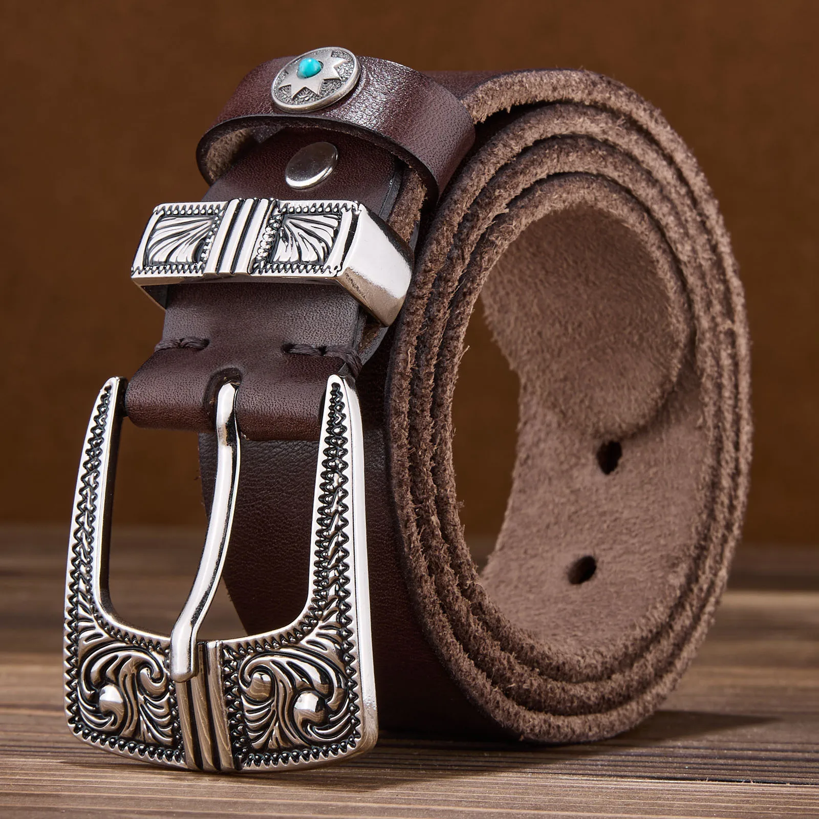 

Мужской винтажный ремень из цельнозерновой кожи, модный повседневный универсальный ремень в стиле Ins для джинсов, классическая ковбойская пряжка, прочная повседневная одежда