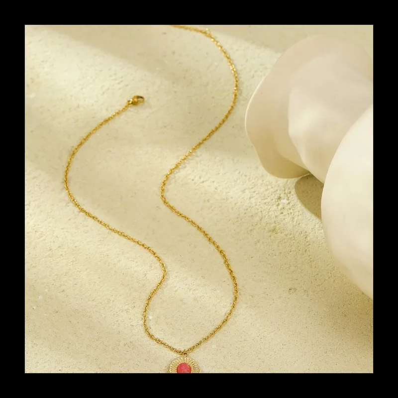 أزياء تنوعا الفولاذ المقاوم للصدأ البيضاوي مطعمة ريدستون قلادة قلادة المتخصصة سلسلة الترقوة الغلاف الجوي #4