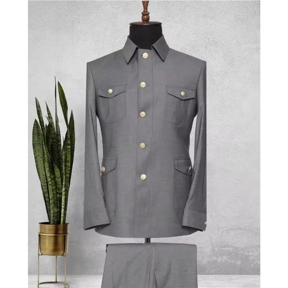 Safari Men Suits 2 Pieces Stand Collar Single Breasted Suits for Man Jacket with Pants Zhongshan Suit Wedding Tuxedos Groom - Image 2
