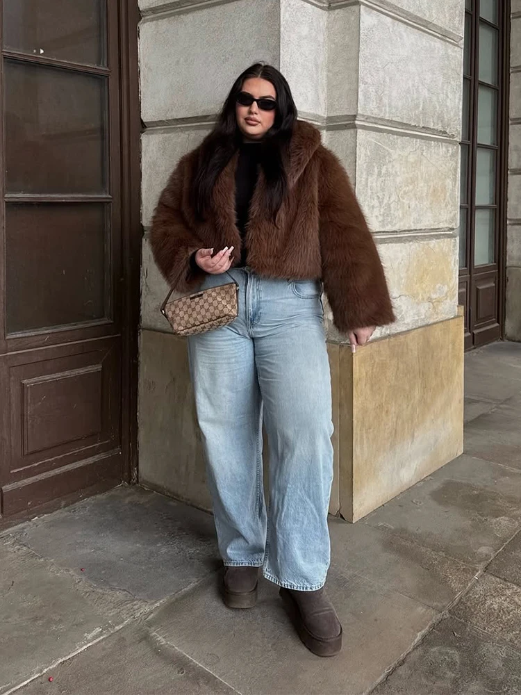 

Women Brown Short Faux Fur Coat Fashion Lapel Long Sleeve Fluffy Loose Cropped Jacket Female Winter Daily Warm Street Outerwear