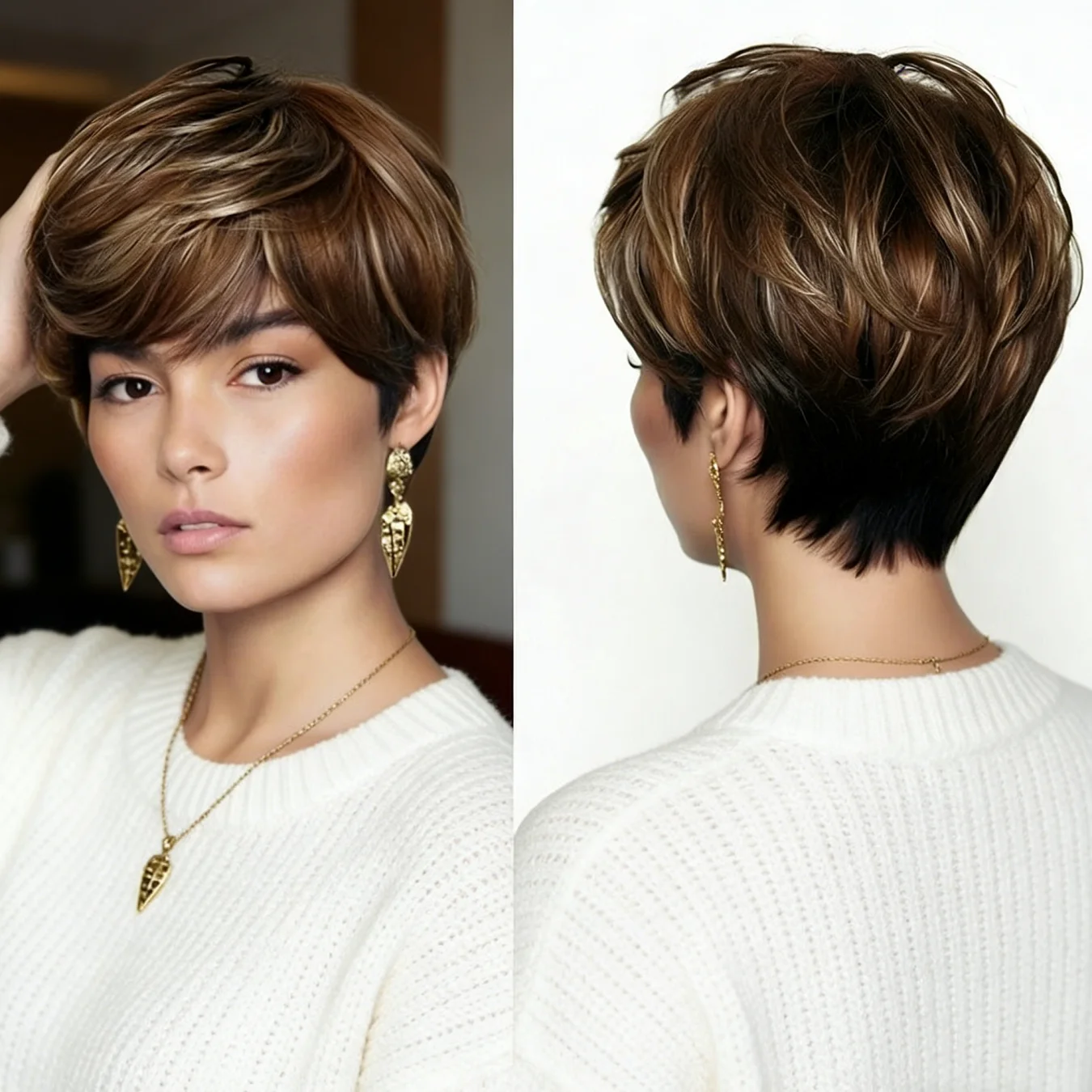 

Короткий прямой парик-пикси из натуральных волос, смешанный коричневый с мелированием P4/27, с челкой, 180% плотность, естественный вид, стильные короткие парики