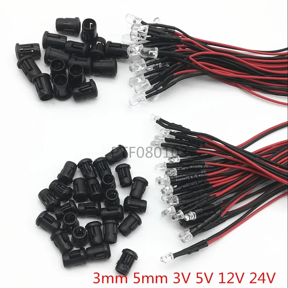 20pcs 3V 5V 12V  DC 3mm/5mm Red/Green/Blue/RGB Round Pre-Wired Water Clear LED With Plastic Holder