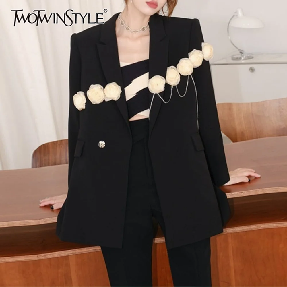 

TWOTWINSTYLE Solid Loose Spliced 3D Flower Elegant Blazers for Women Lapel Long Sleeves Patchwork Tassels Casual Blazer Female