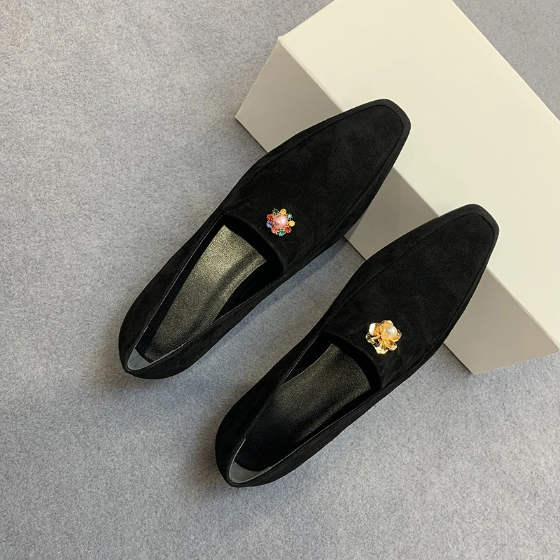 Sheep Suede Crystal Diamond Mandarin Duck Flower Loafers Square Toe Solid Color Simple Casual Comfortable Flat Shoes