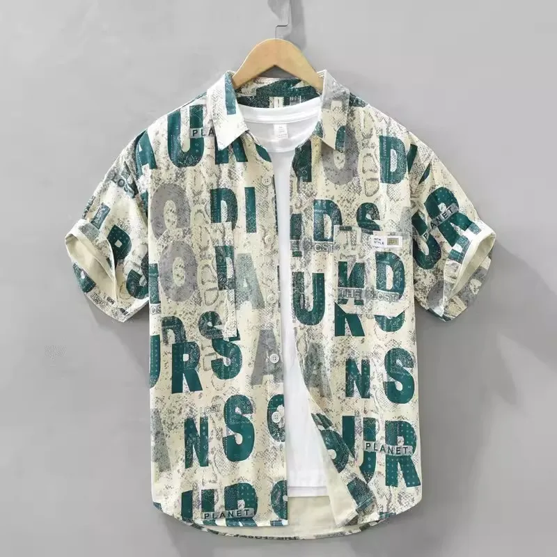 

Summer New Men's Short Sleeve Loose Work Shirt Ice Silk Printed Casual Loose Fit Button down Youthful Style Square Collar