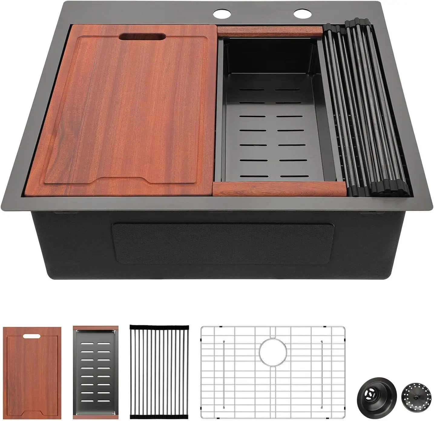 

Кухонная мойка 25x22 дюйма, встраиваемая, черная, из нержавеющей стали 304, 16 калибр, цвет оружейной стали, для установки над столешницей