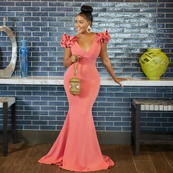 Coral Mermaid Bridesmaid Dresses V Neck Backless Floor Length Africa Wedding Guest Party Gowns Evening Prom Dress Customized