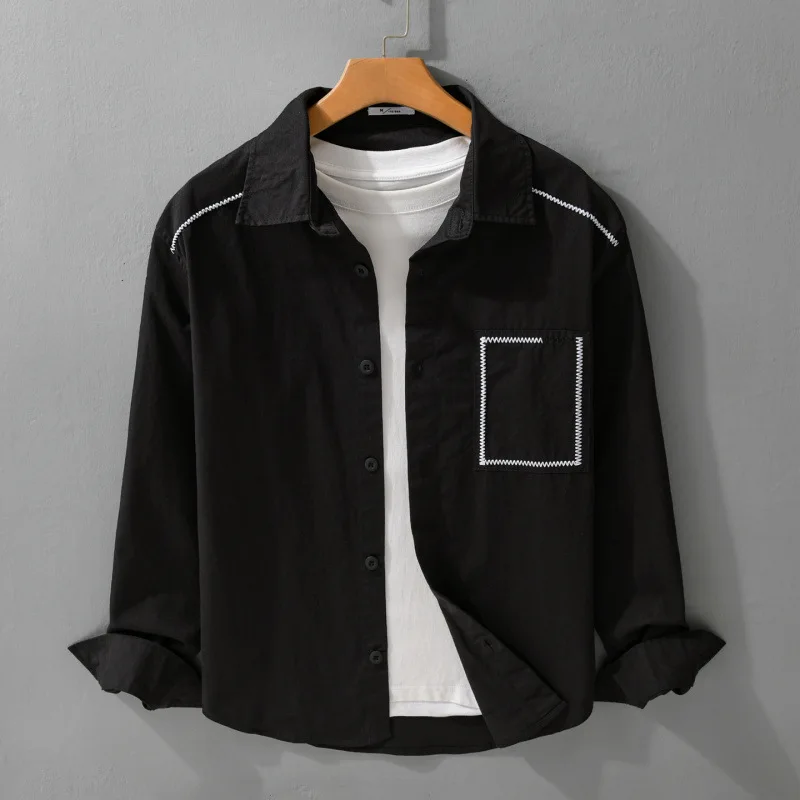 

Korean Style New Black Shirt Men Long Sleeve Casual Shirts Contrast Color Topstitched Designer Shirts Man Spring Pure Cotton Top